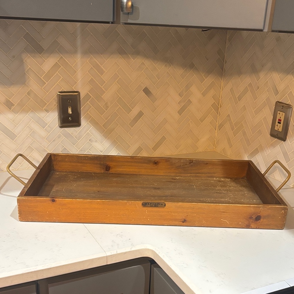 Magnolia Rustic Brown Vanity Tray with Gold Handles